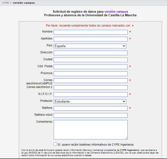Formulario de solicitud de clave CYPE