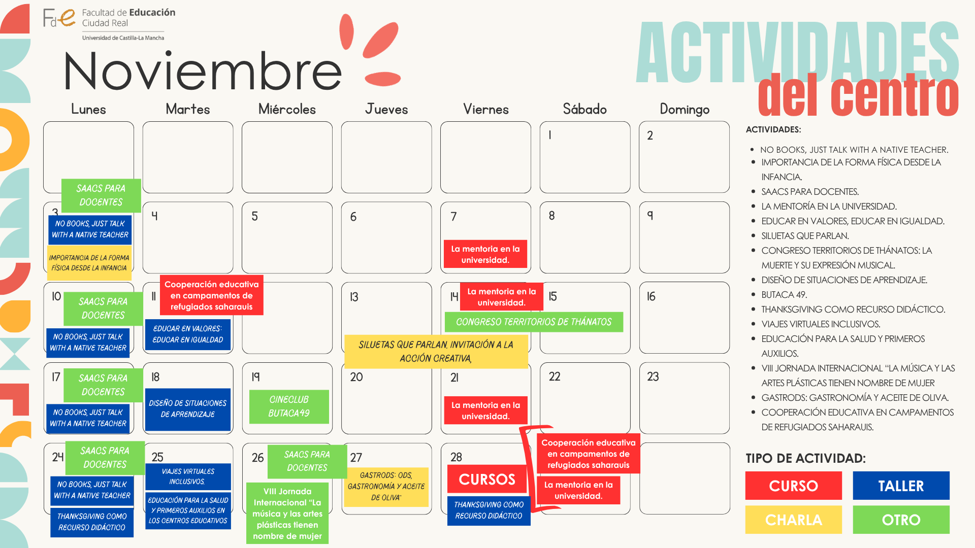 CALENDARIO ACTIVIDADES CULTURALES MES DE NOVIEMBRE