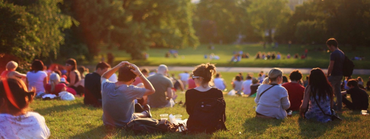 grupo de jóvenes sentados sobre una pradera verde- de espaldas al espectador