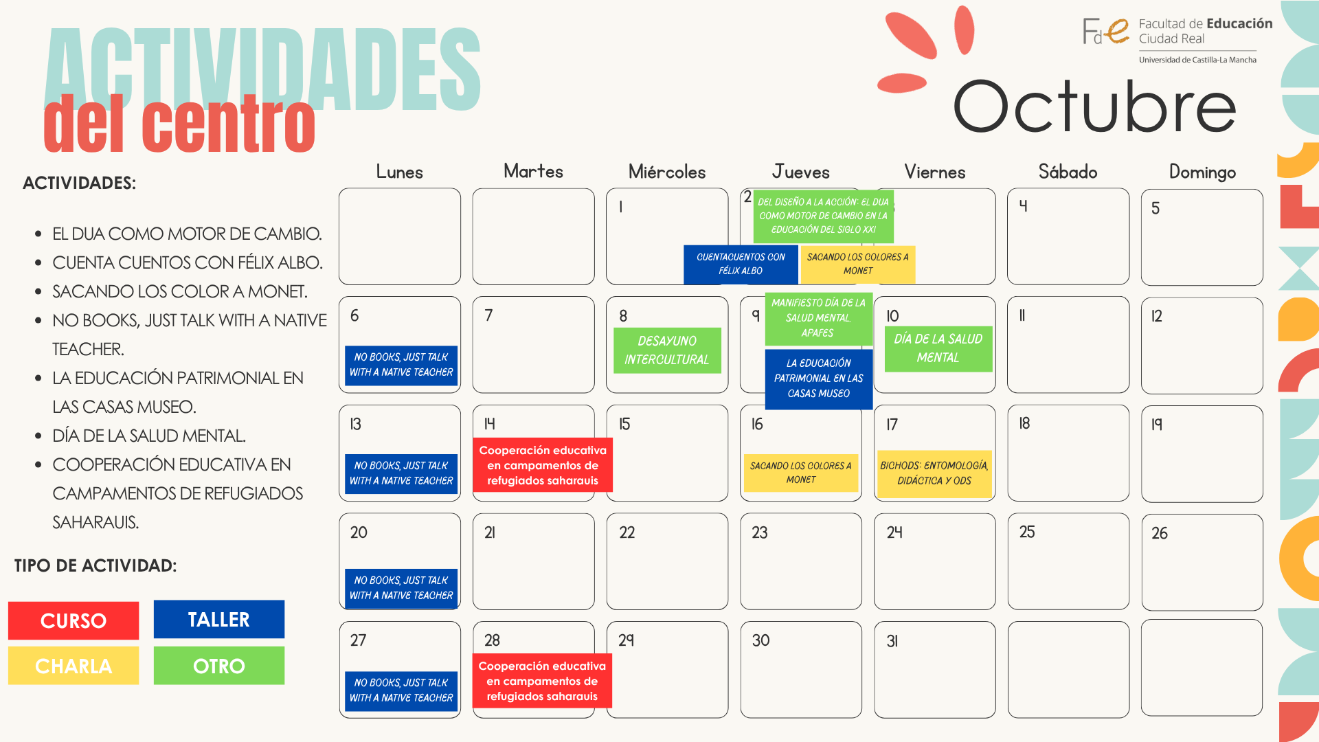 CALENDARIO CON LAS ACTIVIDADES DEL MES D